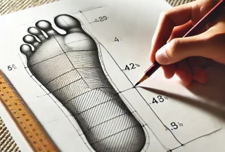 تصویری از یک کاغذ که کف پا روی آن خط کشی شده و اندازه های ان مشخص شده است